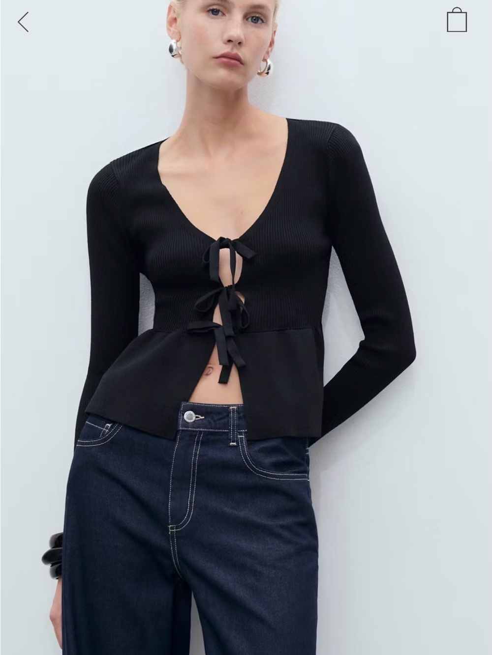 Mango Black Ribbed Tie-Front Knit Top